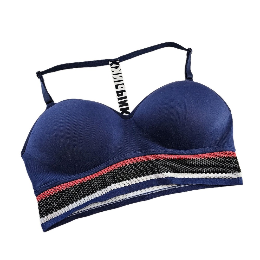 Victoria Secret Pink Navy Blue Wireless Sports Bra L G B85 Mesh Trim Logo Strap